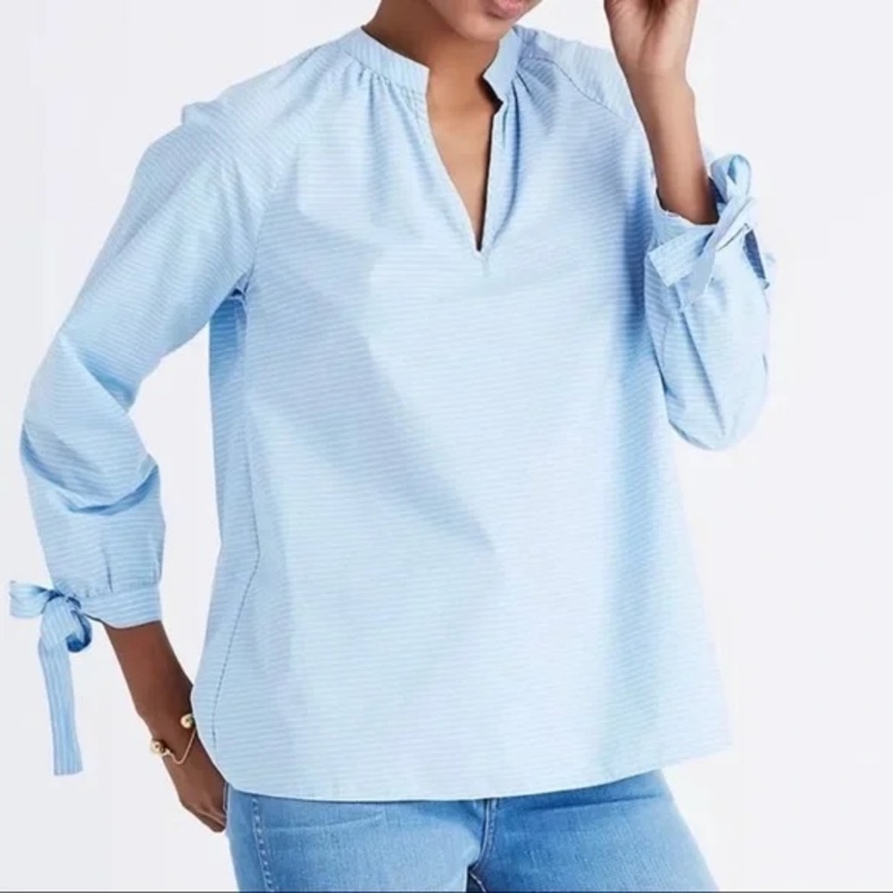 Madewell Powder Blue Striped Cotton Bow Sleeve Top